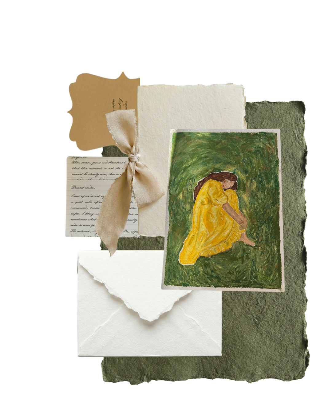A collection of vintage-style stationery and a small painting of a woman in a yellow dress sitting on grass.