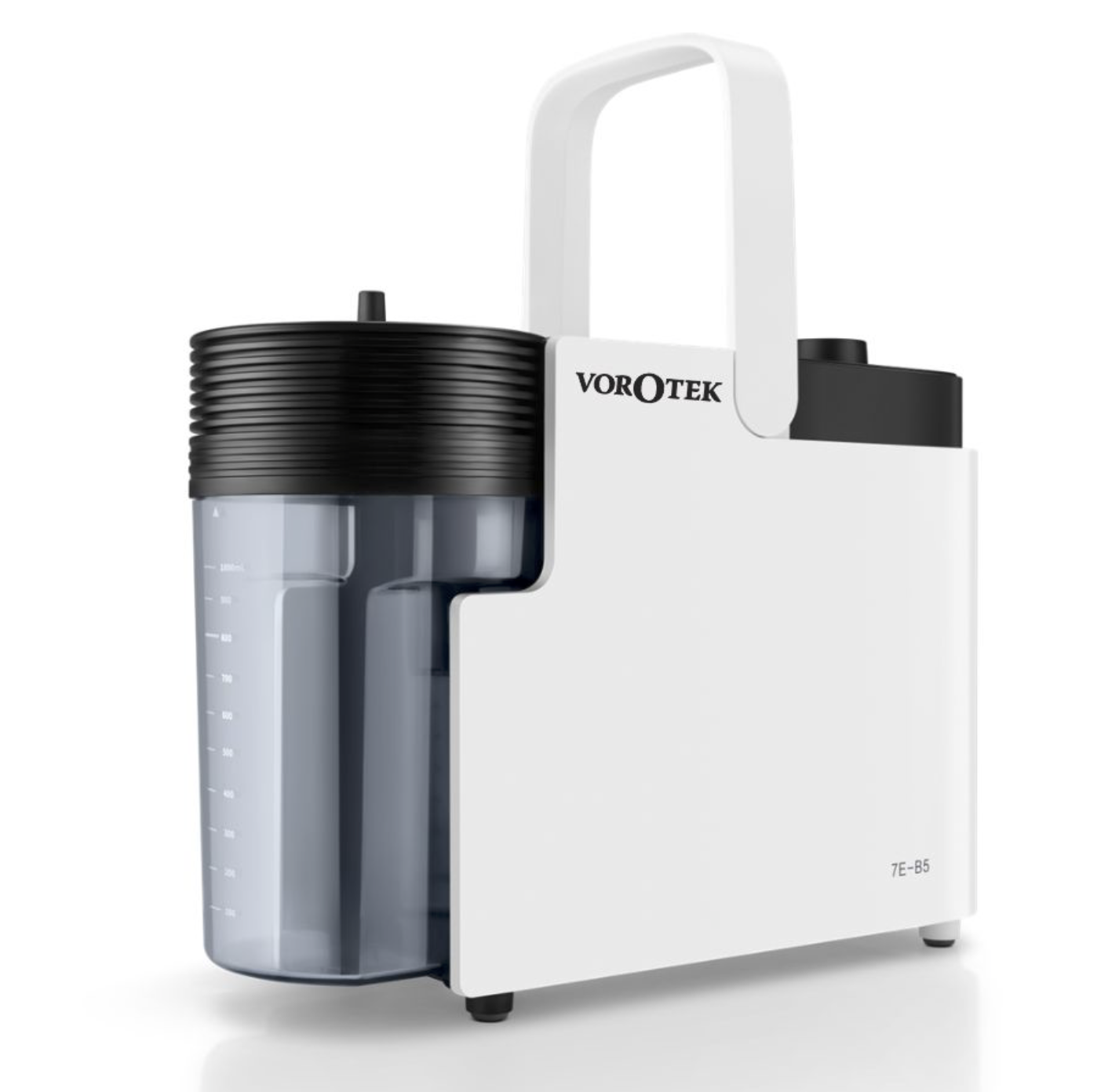 VOROTEK vacuum pump with a black and transparent collection chamber, white body, and handle on top.