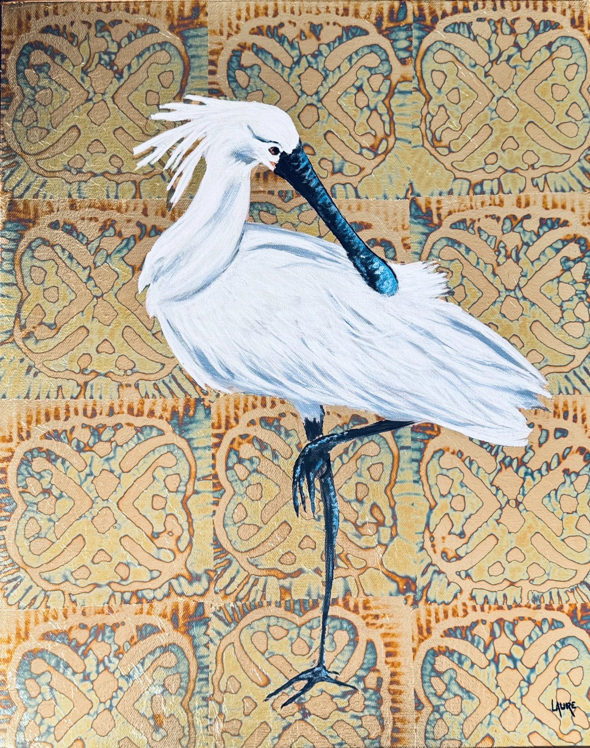Royal spoonbill in golden bush