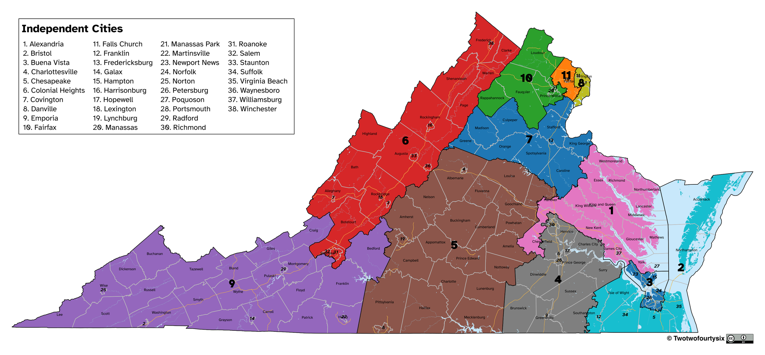 Current Virginia Congressional Districts by Wikimedia User Twotwofourtysix