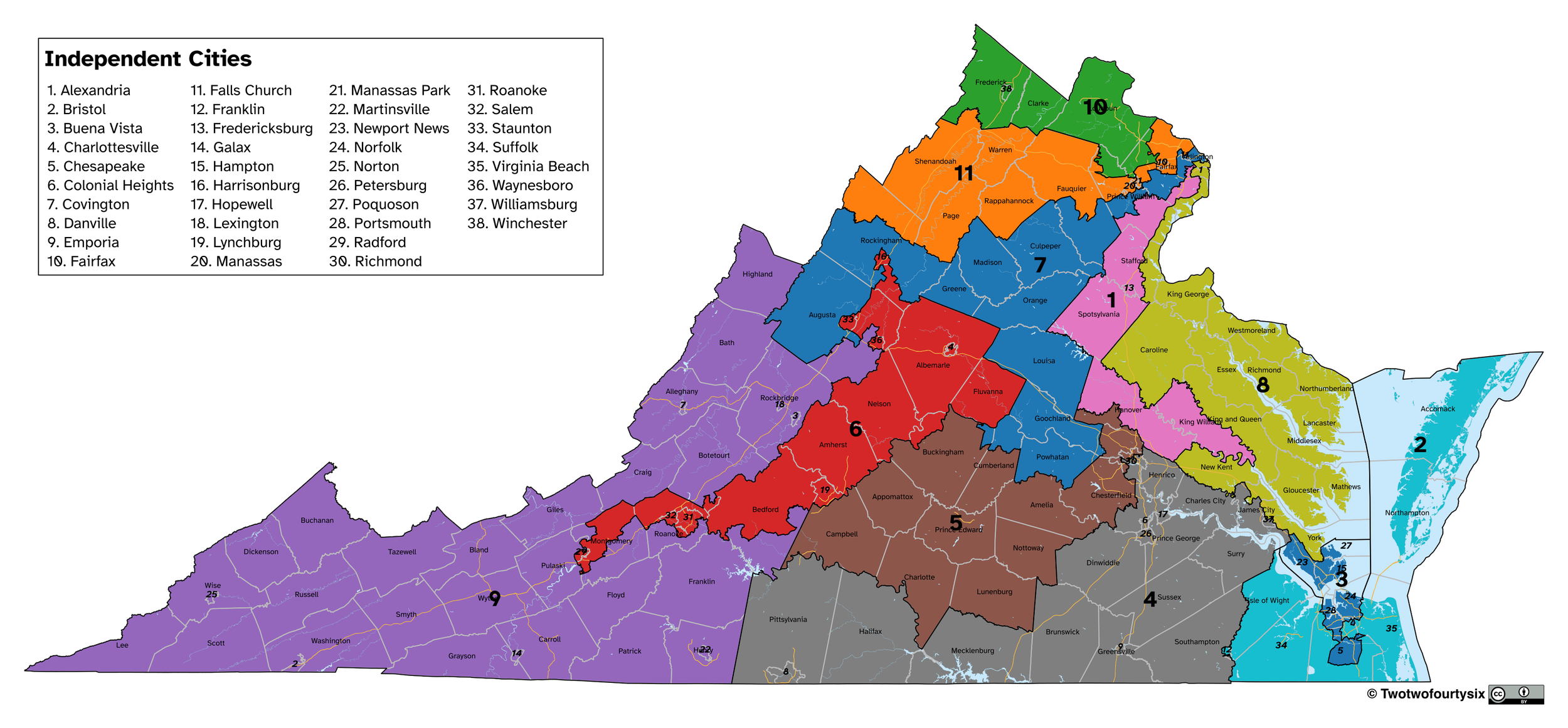 Proposed Redistricting of Virginia Congressional Districts by Wikimedia User Twotwofourtysix