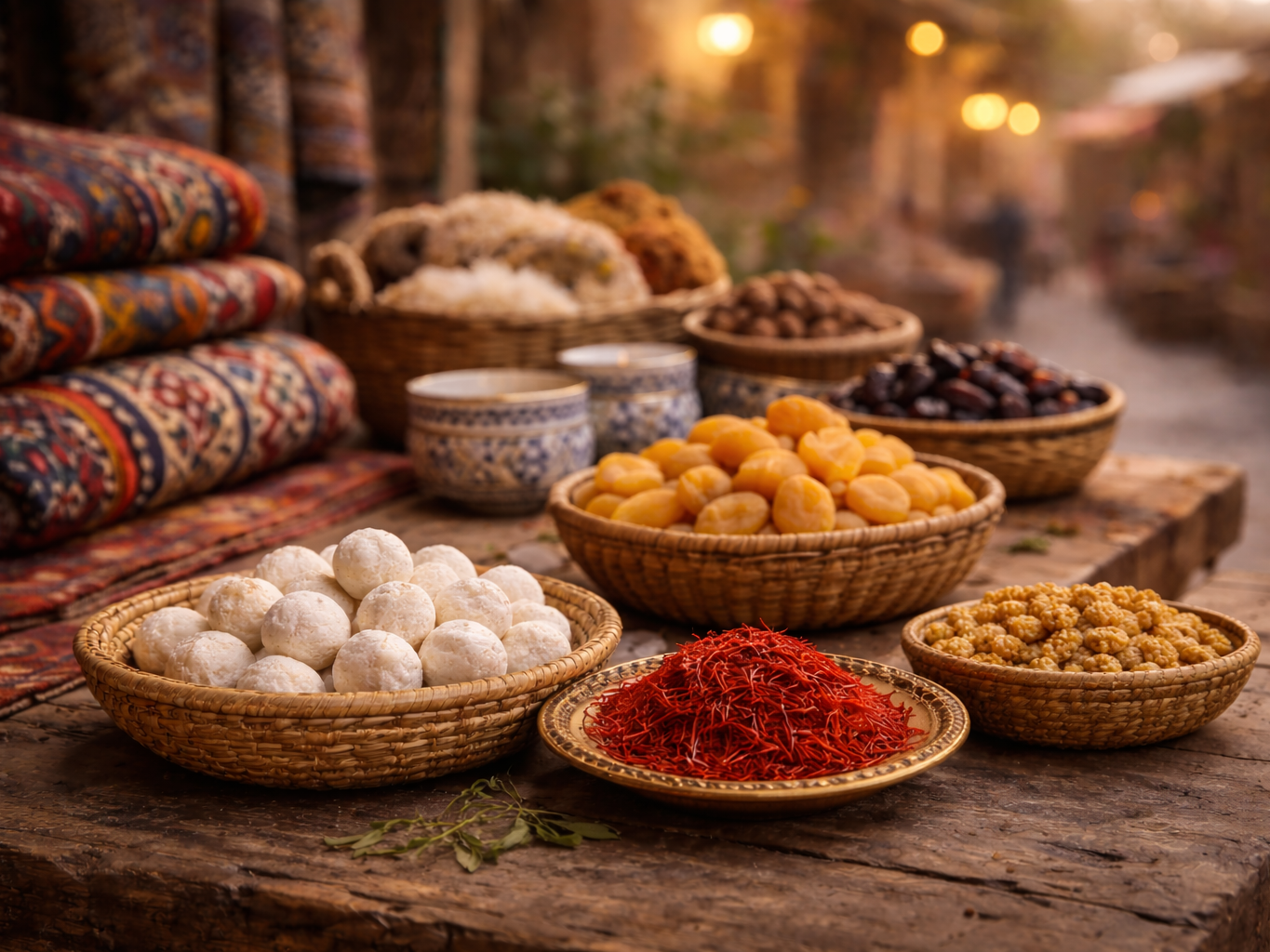 Assorted dried fruits, nuts, and candies displayed in woven bowls on a rustic wooden table at an outdoor marketplace during sunset.