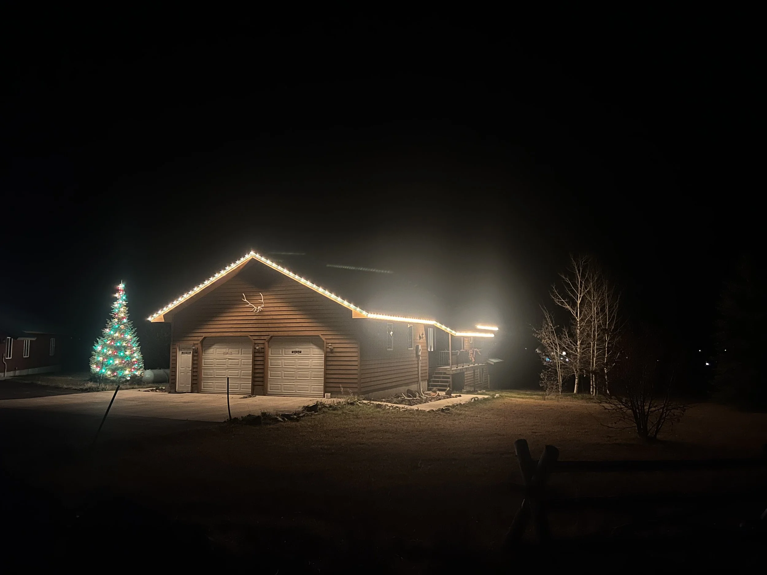 Night view of a house decorated with Christmas lights along the roofline and a Christmas tree with lights outside.
