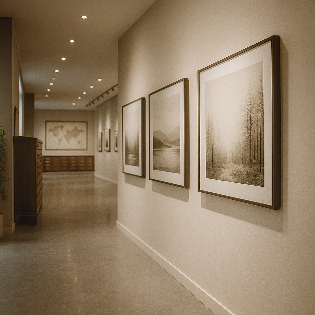 una galería/archivo contemporáneo, con luz suave, tonos neutros, profundidad, y un mapa al fondo que sugiere conexión global sin ser literal ni obvio. Es una imagen que respira legitimidad institucional.