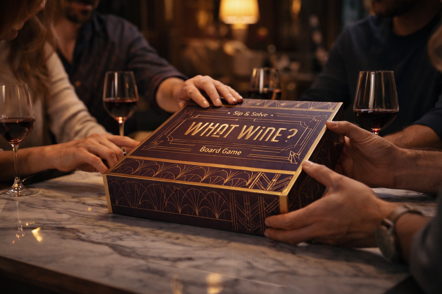 What Wine? board game box being opened by players.