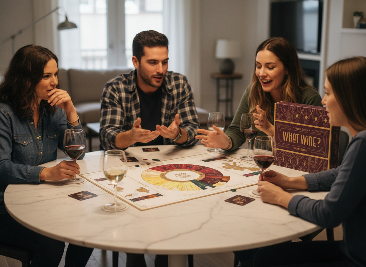 Four friends playing a wine-themed board game at a round table in a cozy living room.