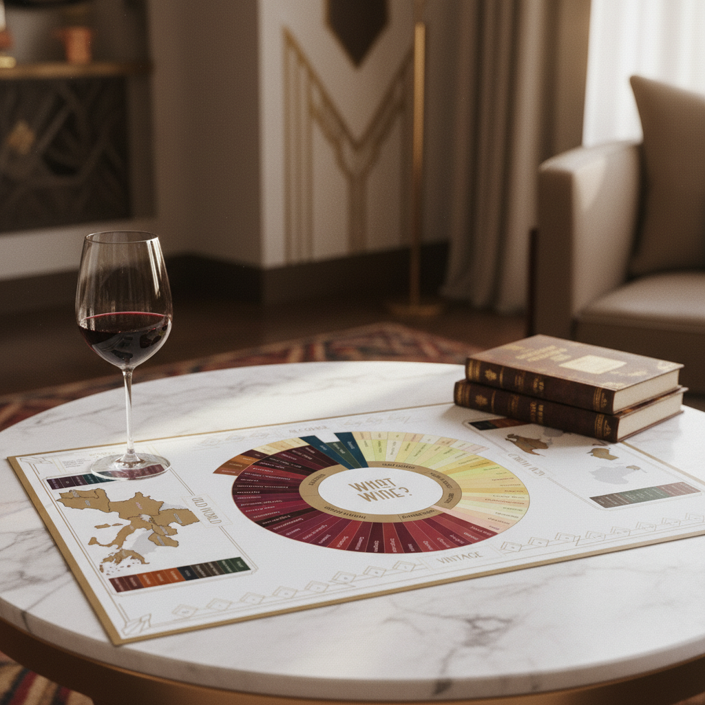 A marble table with a glass of red wine, a color wheel, and a few stacked books inside a well-lit room with elegant decor.
