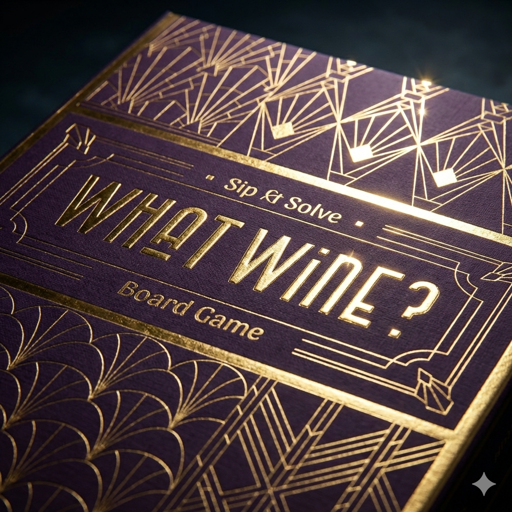 Close-up of a purple and gold box of the board game 'What White?', with intricate art deco design and text that reads 'Sip & Solve' and 'Board Game'.