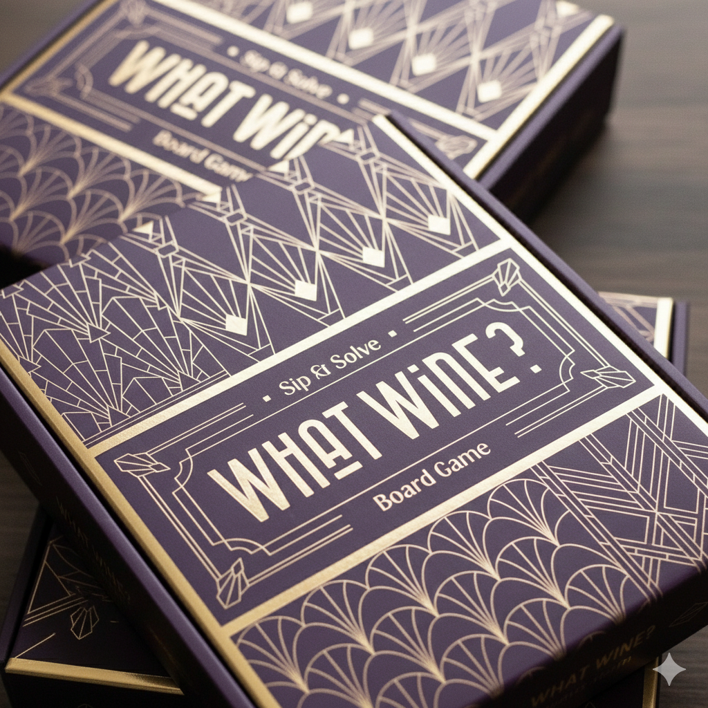 Close-up of a purple and gold patterned board game box titled "What Wine?" with the subtitle "Sip & Solve" on a table.