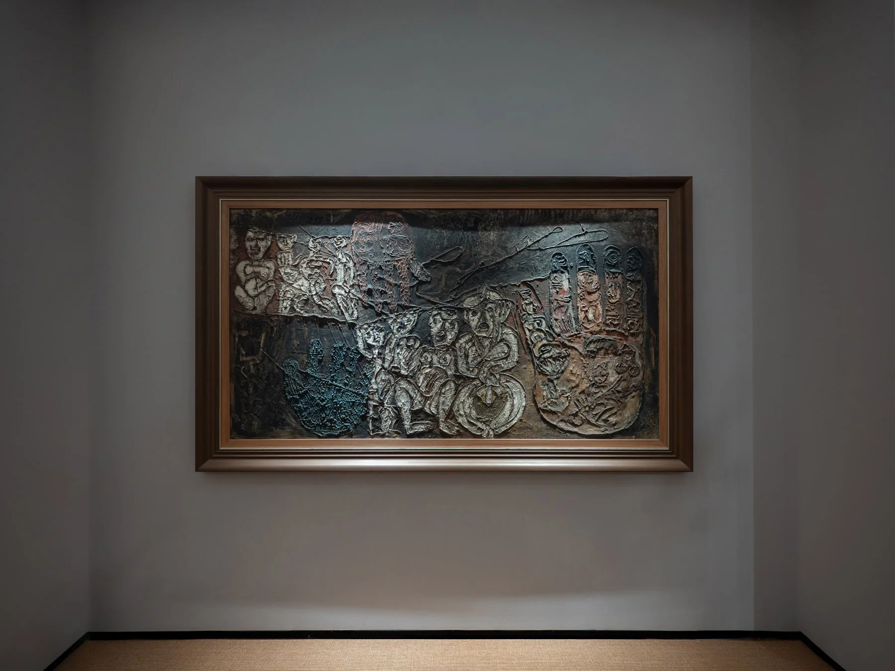 Indian modernist painting displayed on a grey wall within an art fair booth at Frieze Masters.