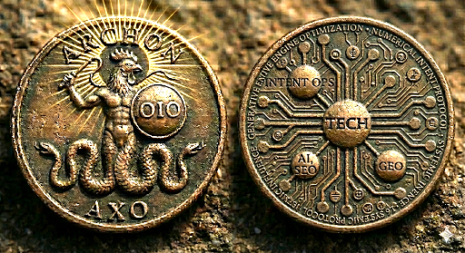 Close-up of two gold-colored coins with Greek symbols and text, one featuring a figure with a snake and shield, the other displaying a circuit pattern with technology-related words.