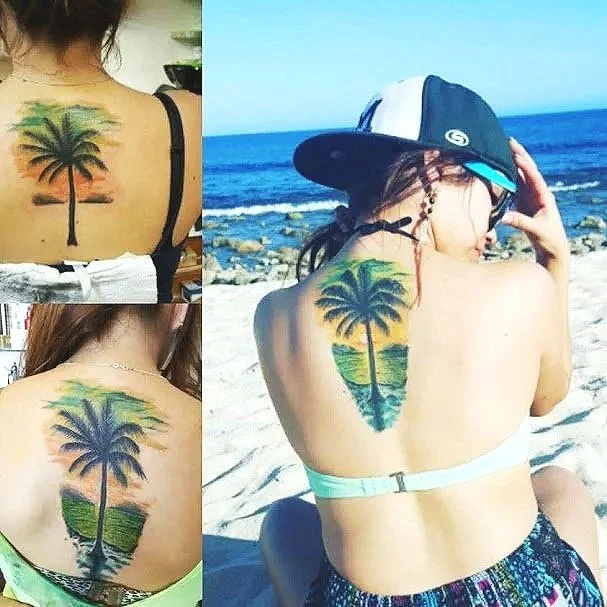 Palma realista en la espalda tatuaje  palm tree realistic tattoo by cabo kidd best tattoo shop in los cabos 