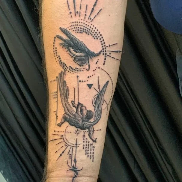 Tattoo featuring a detailed hand holding a drop, with geometric shapes, lines, and numbers surrounding it.