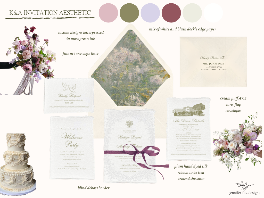 Wedding stationery and decorations featuring pastel colors, floral arrangements, a wedding invitation, an envelope, a cream puff A7.5 envelope, silk ribbon, and a tiered wedding cake