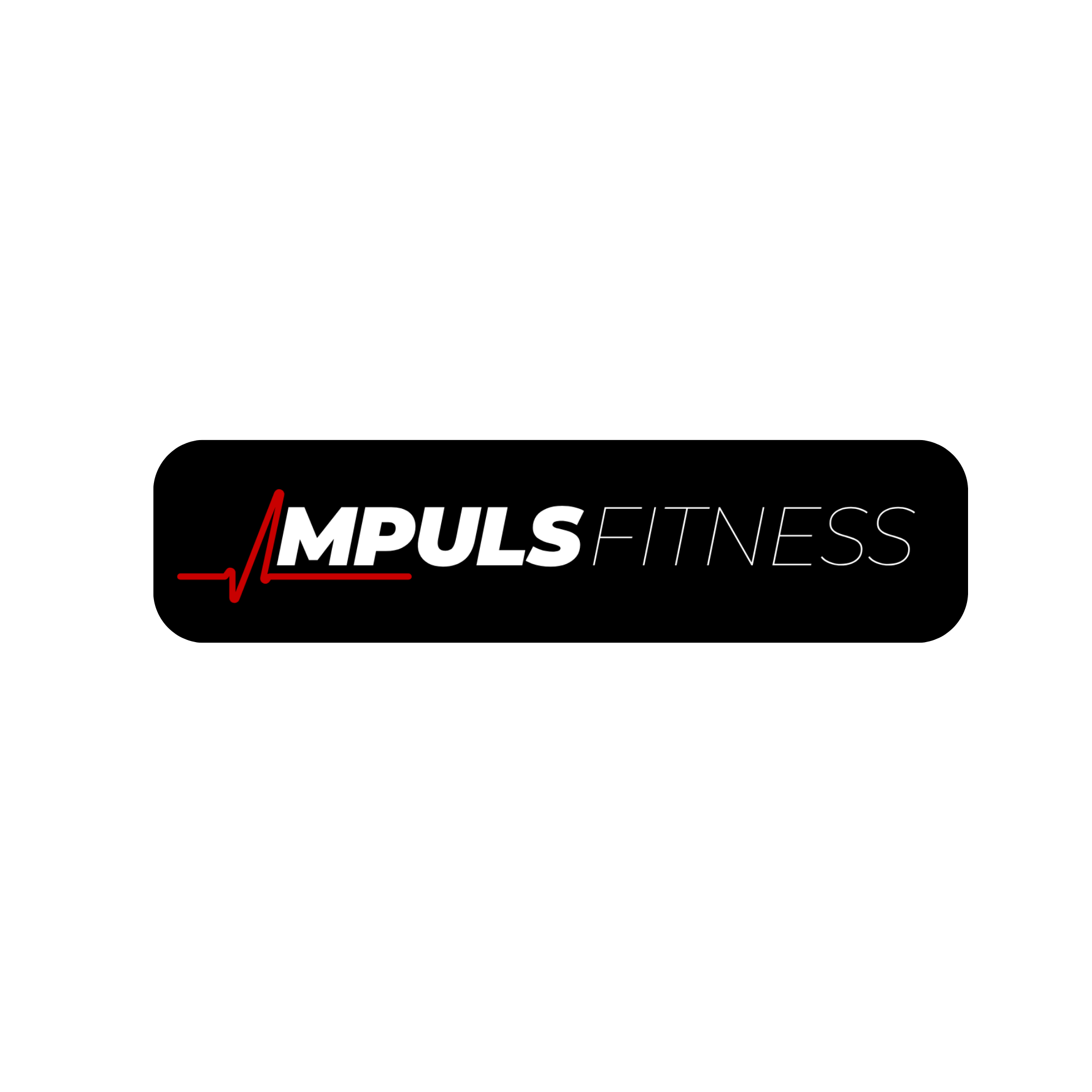 Logo for Impuls Fitness med sort baggrund, hjerteformet rytmelinje i rød, teksten 'IMPULS FITNESS' i hvid og rød