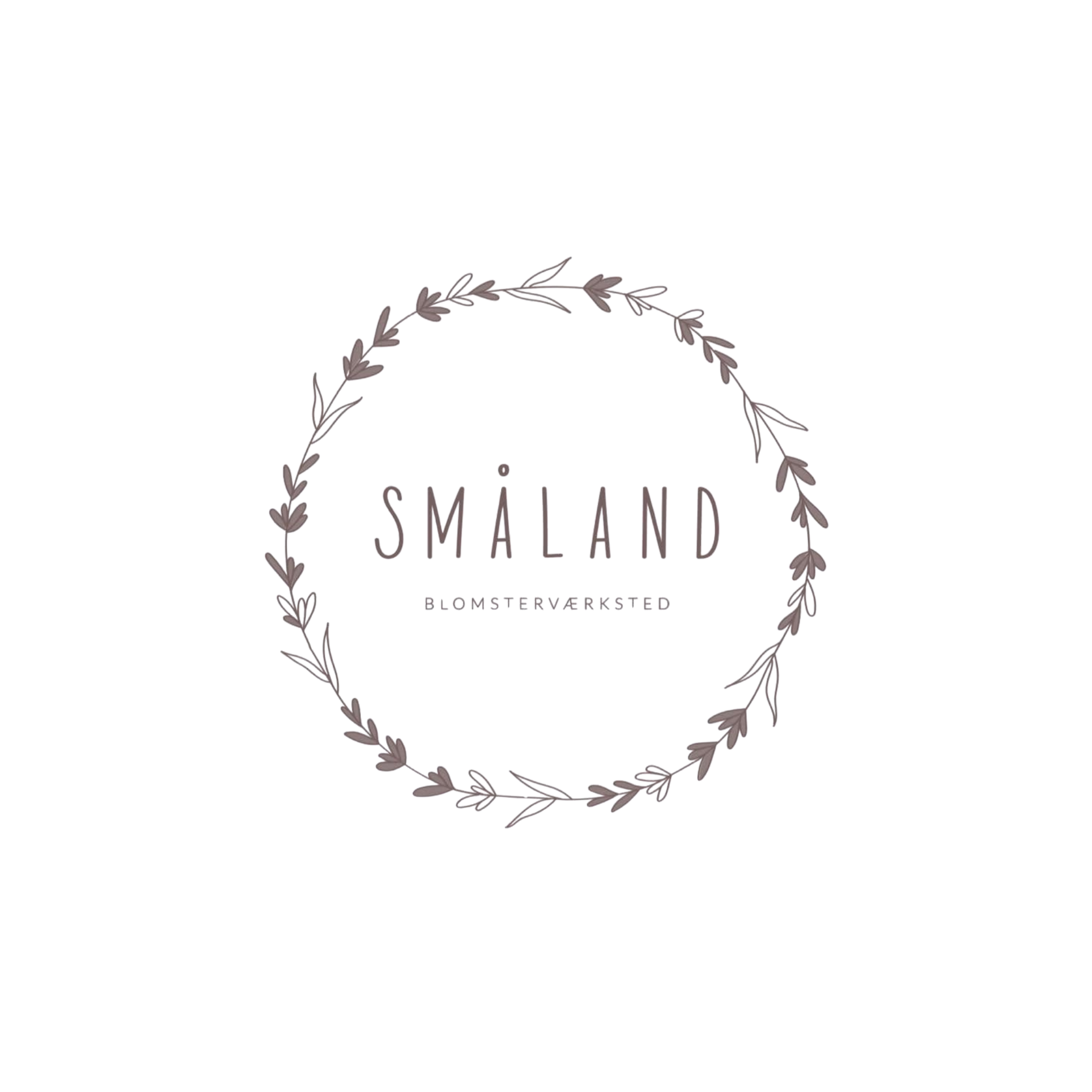 Et logo for Småland med en buket hinanden forbinde grene og blade i en cirkel. Under logoen står teksten 'SMÅLAND' i store bogstaver og 'PLANTER' i mindre bogstaver.