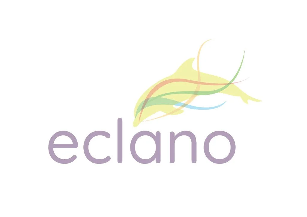 Logo with the word "eclano" in purple lowercase letters and a colorful, abstract leaf design above it on a white background.
