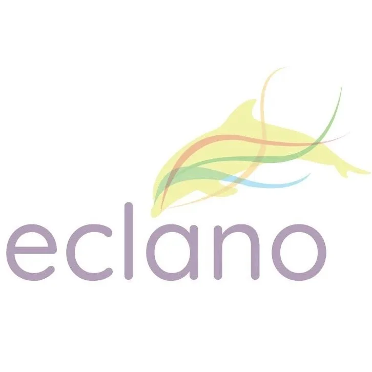 Logo with a stylized hummingbird in light pastel colors above the word "eclano" in lowercase purple letters.