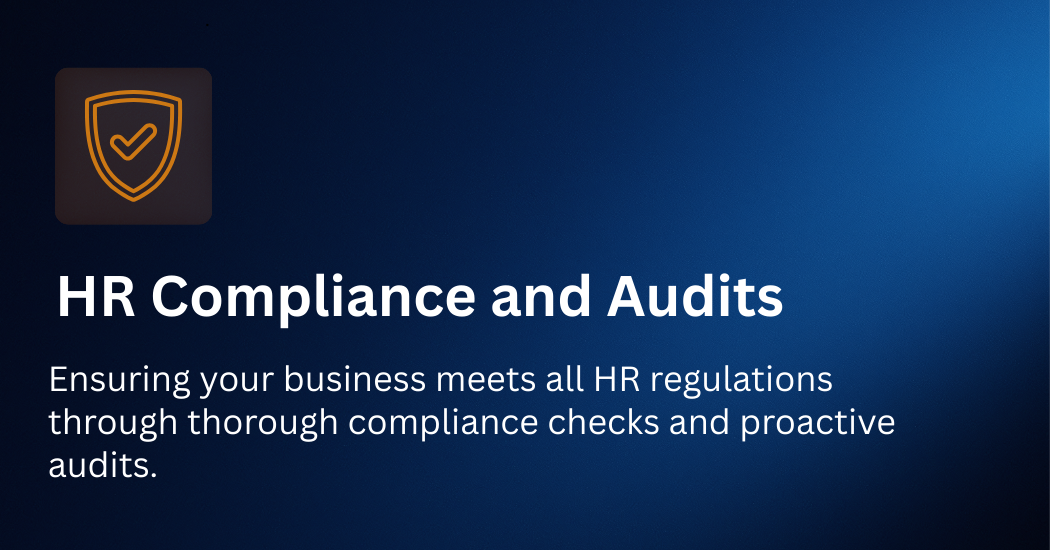 Screen showing HR Compliance and Audits with a shield icon and text about ensuring business meets HR regulations through compliance checks and audits.