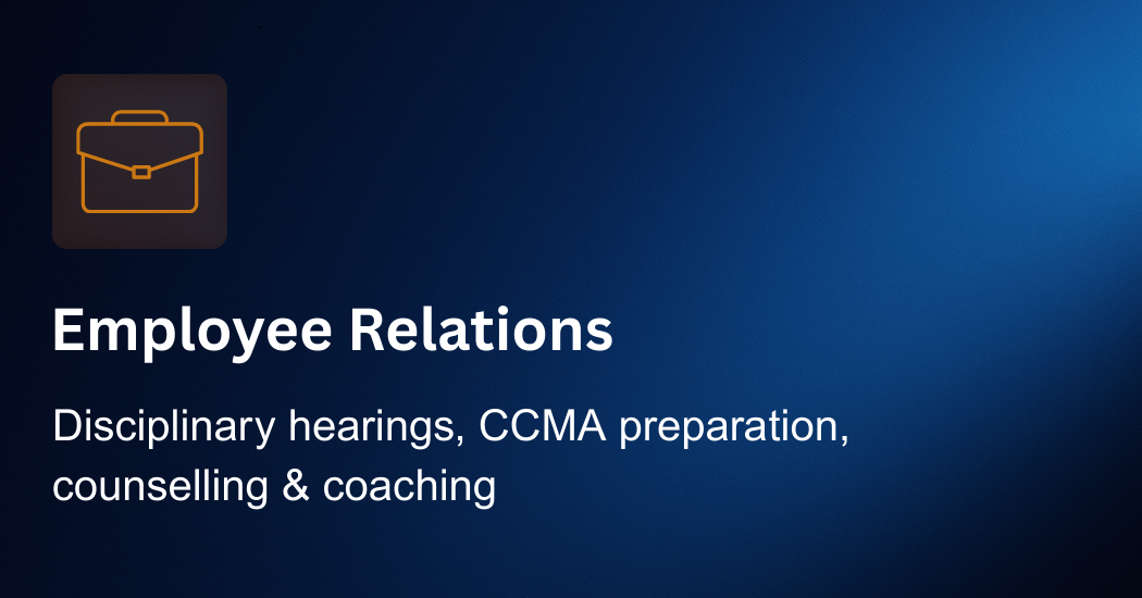 Screen showing Employee Relations services including disciplinary hearings, CCMA preparation, counseling, and coaching.