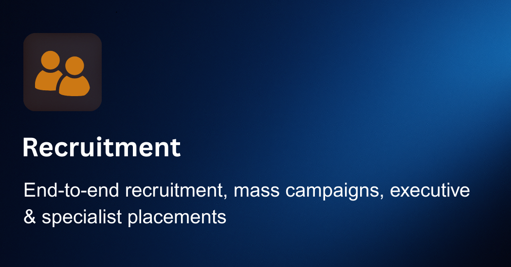 Screenshot of a recruitment service or platform describing end-to-end recruitment, mass campaigns, executive, and specialist placements.