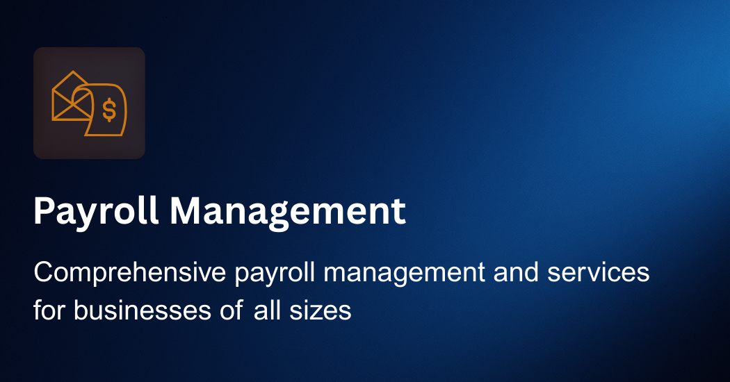 Icon with a pyramid, envelope, and dollar sign representing payroll management, along with text saying 'Payroll Management' and 'Comprehensive payroll management and services for businesses of all sizes'.