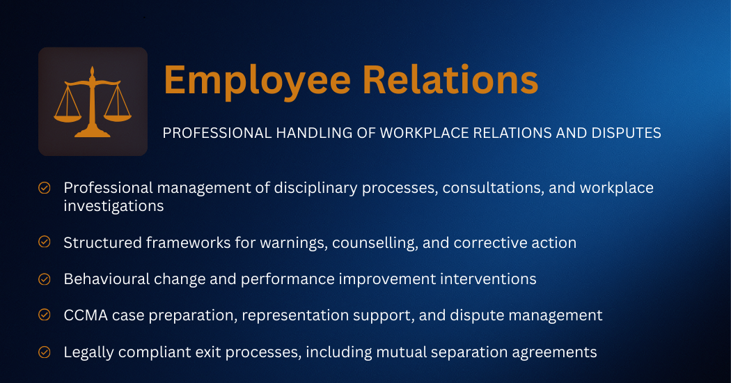Slide titled 'Employee Relations' with a scale icon, listing services including discipline management, frameworks for warnings and counseling, behavioral change interventions, case preparation and dispute management, and exit processes.