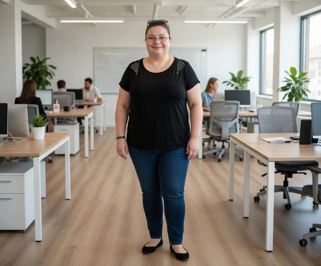 A woman in a black shirt and jeans standing in a modern office with desks, computers, and large windows.