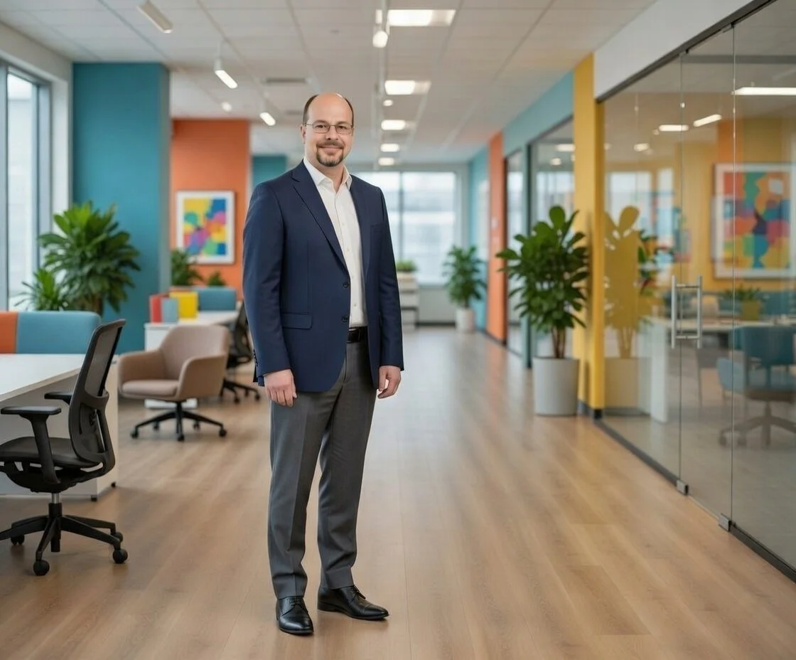 Man in business suit standing in a colorful modern office with plants and artwork.