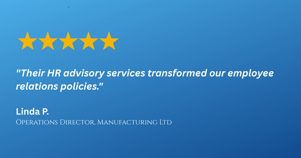 Five gold stars, a quote praising HR advisory services, and a testimonial from Linda P., Operations Director at Manufacturing Ltd.