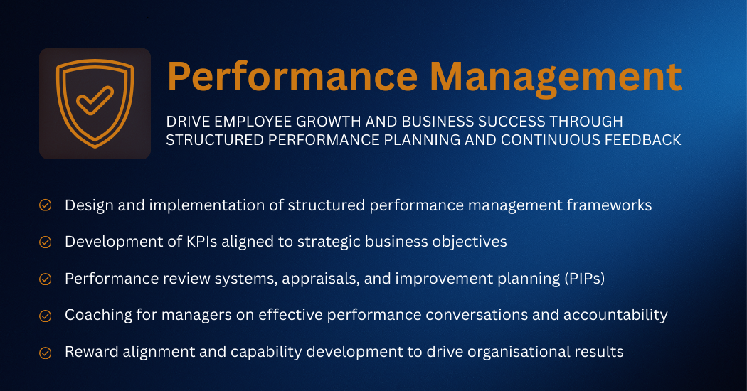 Presentation slide titled 'Performance Management' with a shield icon containing a checkmark. The slide lists key points on driving employee growth and business success through structured performance planning and feedback.