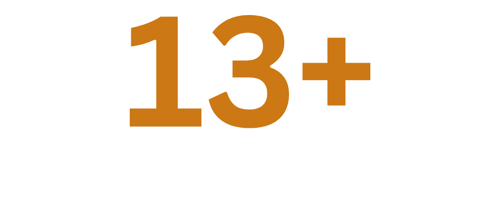 Text stating "13+ Years Experience" in brown and white on a black background.