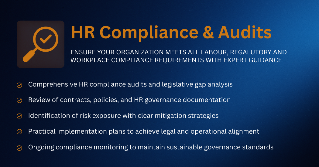Slide titled "HR Compliance & Audits" with a magnifying glass icon containing a check mark. Bullet points detail HR compliance services including audit and analysis, contract review, risk identification, implementation plans, and ongoing monitoring.