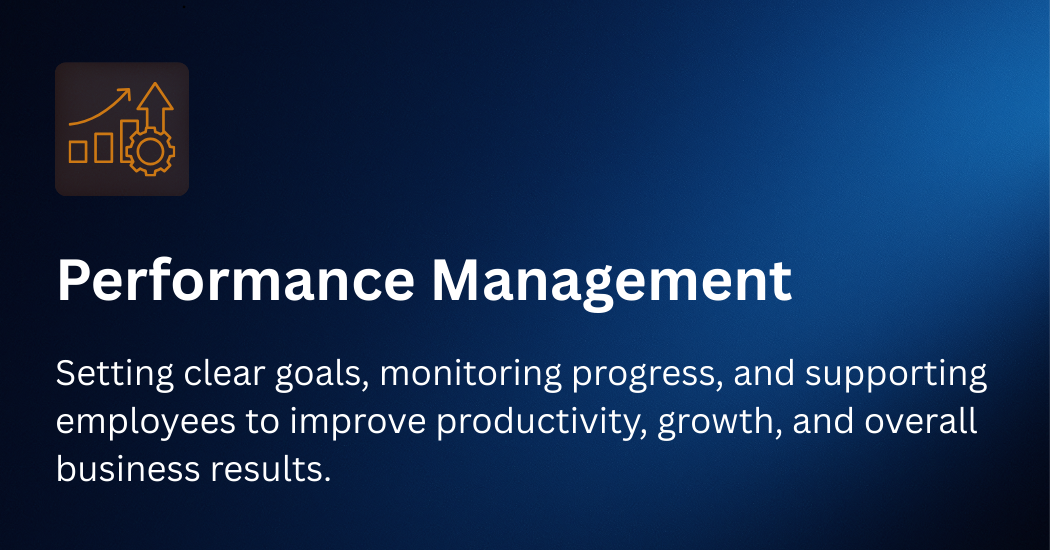 Slide with a title 'Performance Management' and a description about setting goals, monitoring progress, and supporting employees to improve productivity, growth, and business results. Top left corner has an icon with graph, arrow, and gear.