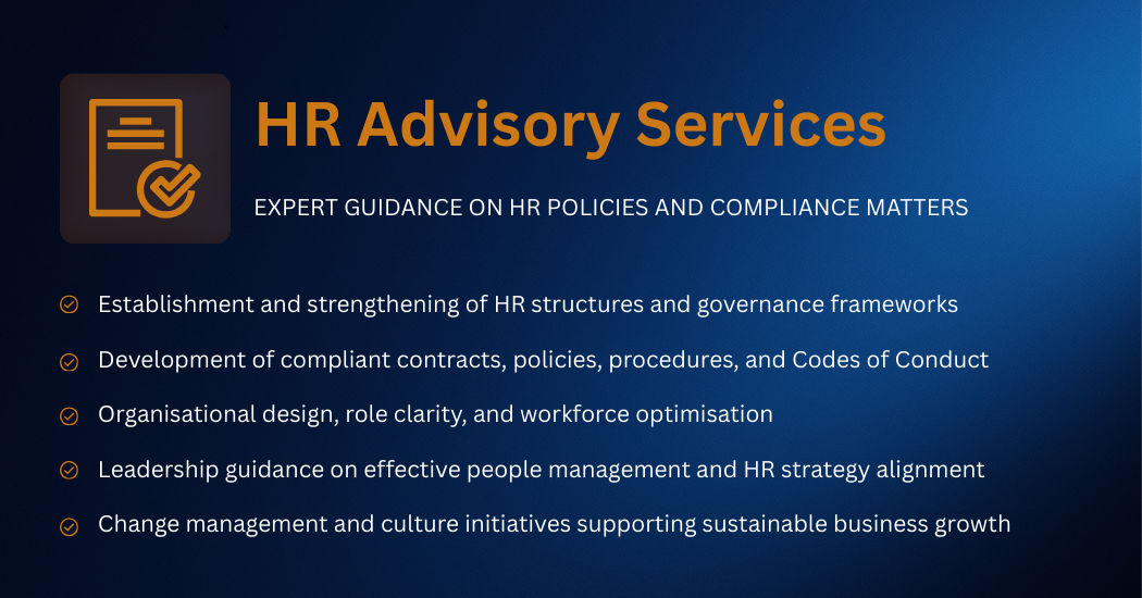 HR Advisory Services slide listing services such as HR policy development, organizational design, leadership guidance, and change management, with orange text and icons on a dark blue background.