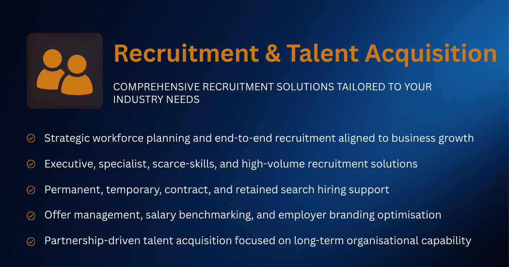 Slide with title 'Recruitment & Talent Acquisition' listing recruitment solutions such as workforce planning, executive search, hiring support, offer management, and talent acquisition partnerships.
