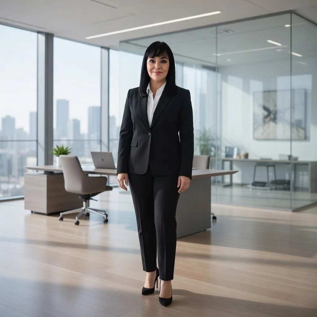 A woman in a black suit and white shirt standing in a modern office with large glass windows and a city skyline view.