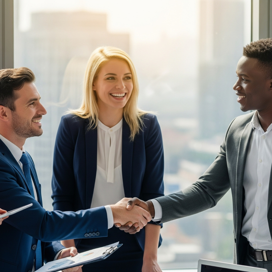 Three business professionals in suits, two men and one woman, shaking hands and smiling in an office with large windows.
