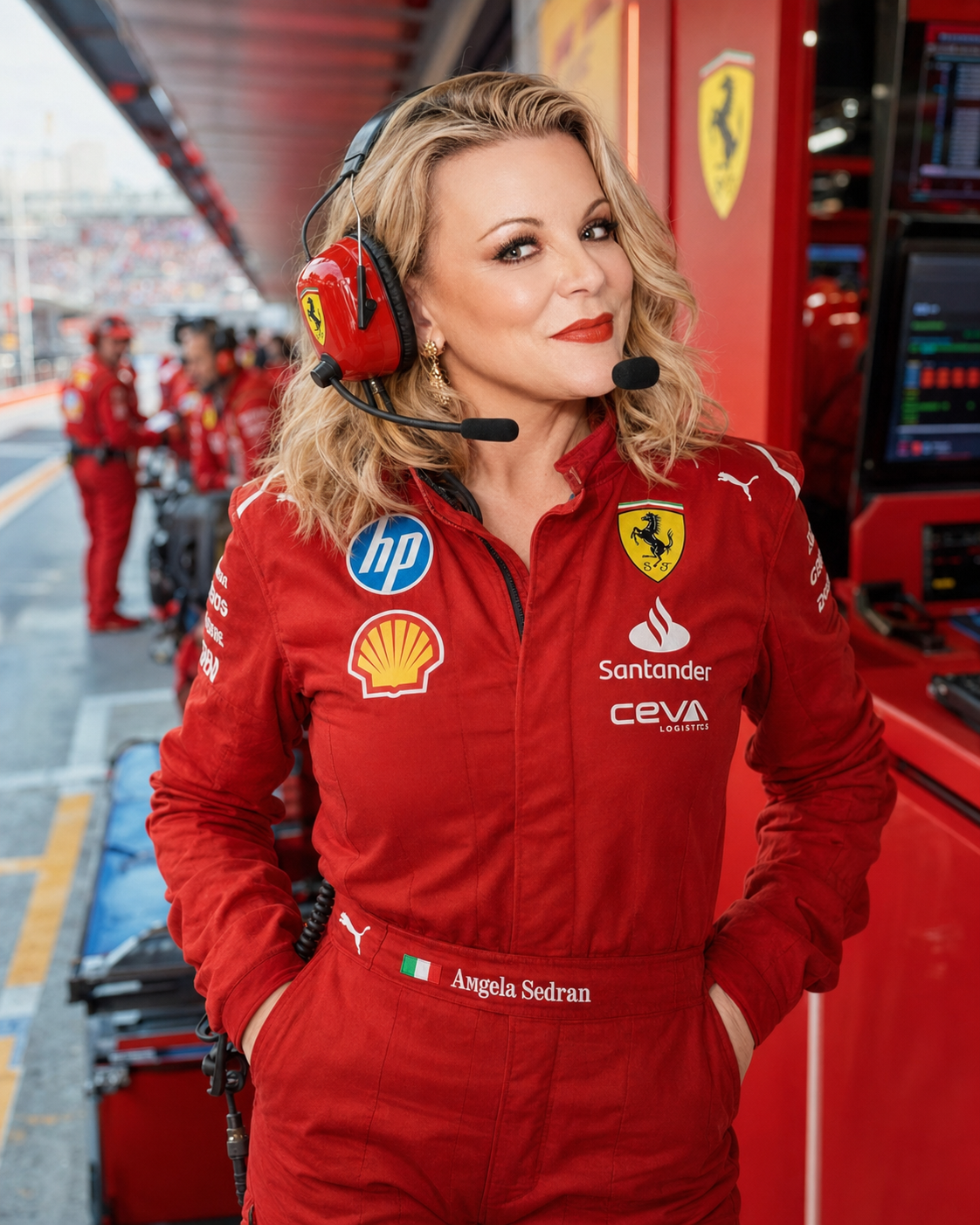 A woman in a red Ferrari racing suit with various sponsor logos, including Ferrari, HP, Shell, Santander, CEVA Logistics, and Puma, standing in the pit lane at a racing circuit. She is wearing a headset with a microphone and has blonde, wavy hair. She has her hands in her pockets and is looking confidently at the camera, with a team of crew members in red uniforms visible behind her.