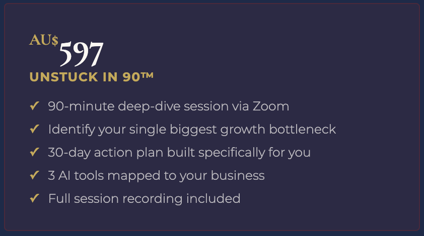 Text promoting a $597 deep-dive session via Zoom to identify growth bottlenecks, build a 30-day action plan, and use AI tools, including full session recording.