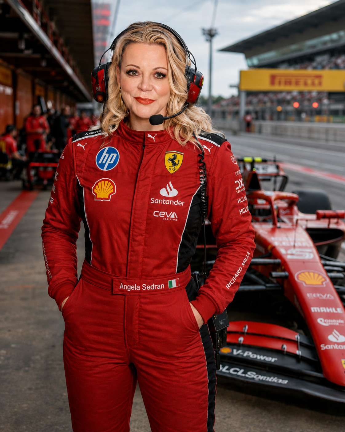 A woman in a red racing suit with sponsorship logos, standing in a racing pit lane with a Ferrari Formula 1 car behind her. She is wearing a headset and has her hands in her pockets.