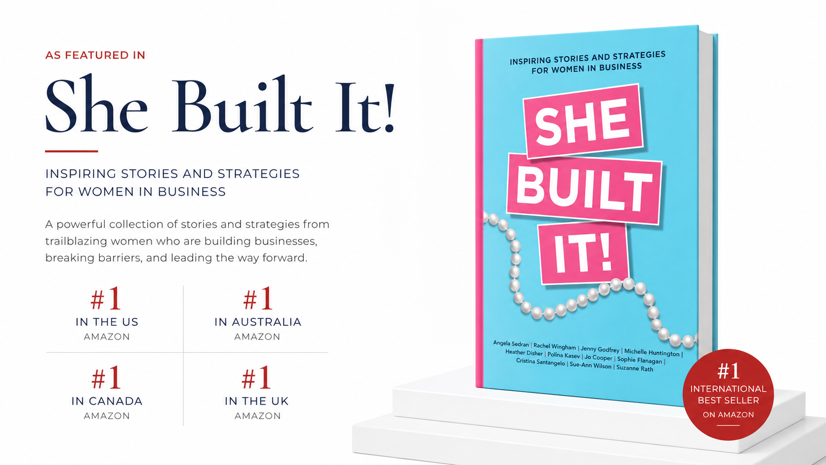 Book titled 'She Built It!' with a blue cover and pink and white text, featuring a pearl necklace design, displayed on a white stand to the right. Promotional text highlighting its success on Amazon and its inspiration for women in business, with related information about its achievement rankings in various countries.