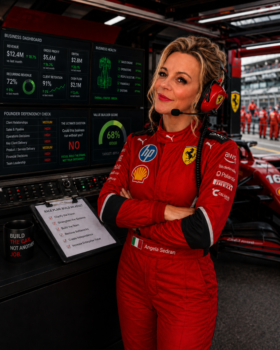 A woman in a red Ferrari racing suit with logos, standing with arms crossed in front of a monitor display at a racing event. The display shows business metrics and a checklist, with a racetrack and pit crew in the background.