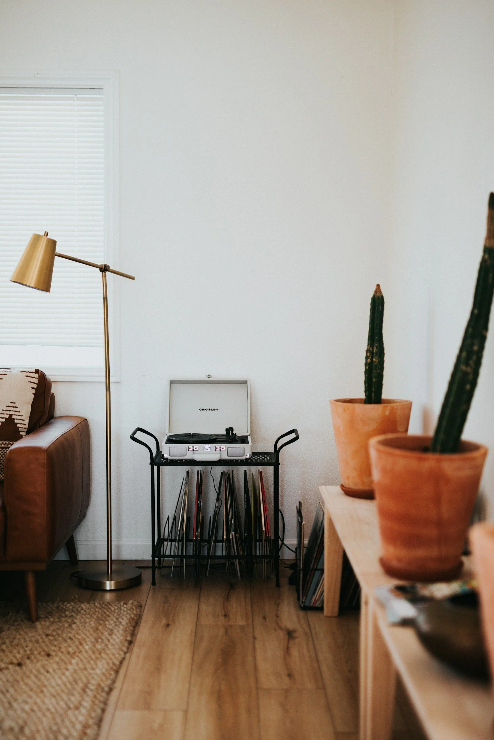 A cozy living room corner with a leather sofa, a tall brass floor lamp, a record player on a black metal cart, and potted cacti on a wooden shelf, with light wood flooring and a window with white blinds in the background.