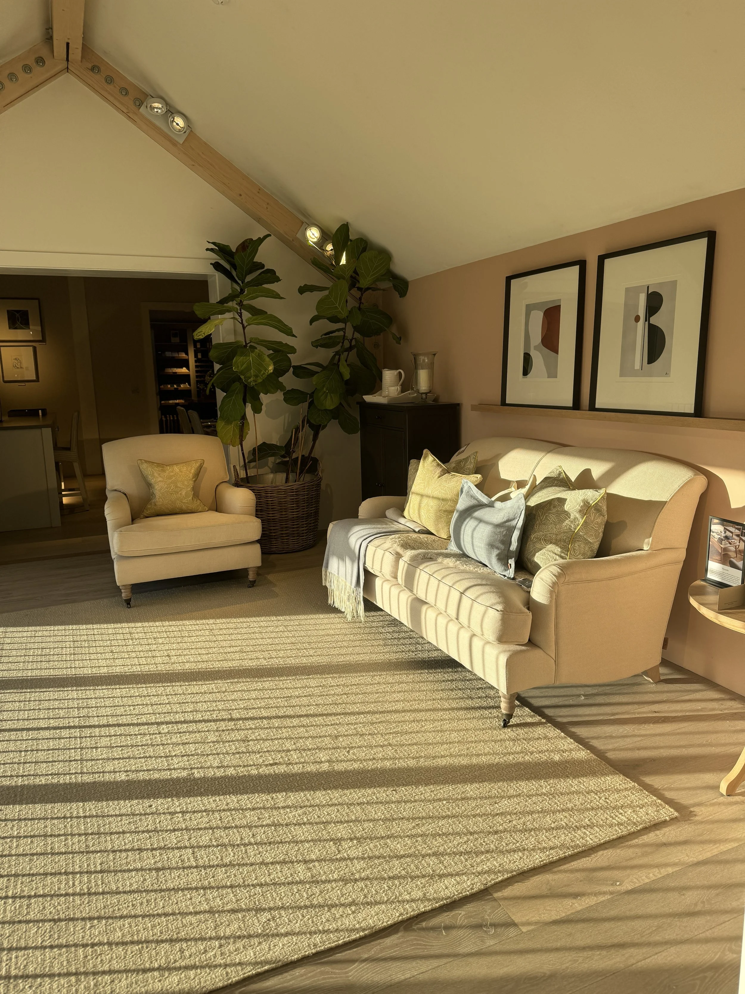 Living room with beige armchair and sofa, decorated with yellow and blue pillows, large green potted plant, framed abstract art, and sunlight casting shadows on the striped rug.