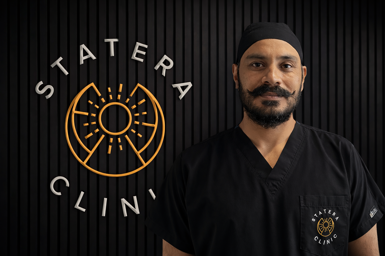 En mann i svart klinikkuniform foran en vegg med en dekorativ logo og teksten 'SATERA CLINIC'.