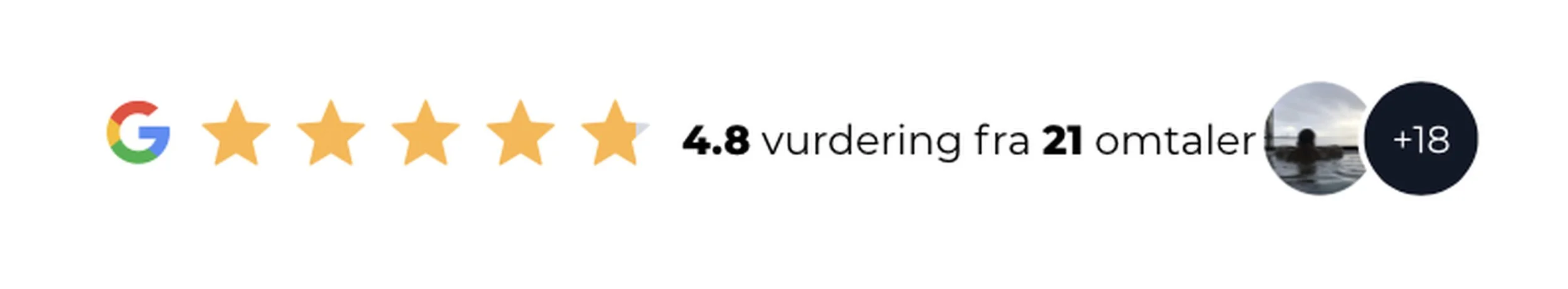 Gjennomsiktig logo av Google med fem gullfargede stjerner foran, vurdering 4,8 av 21 anmeldelser, og et lite bilde av en person i vannet.