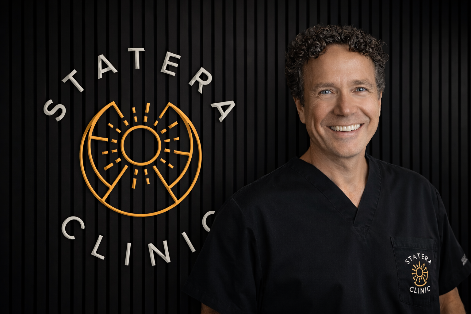Mann i sort medisinsk uniform foran en vegg med logo og skilt som sier 'Statera Clinic' i Norge.