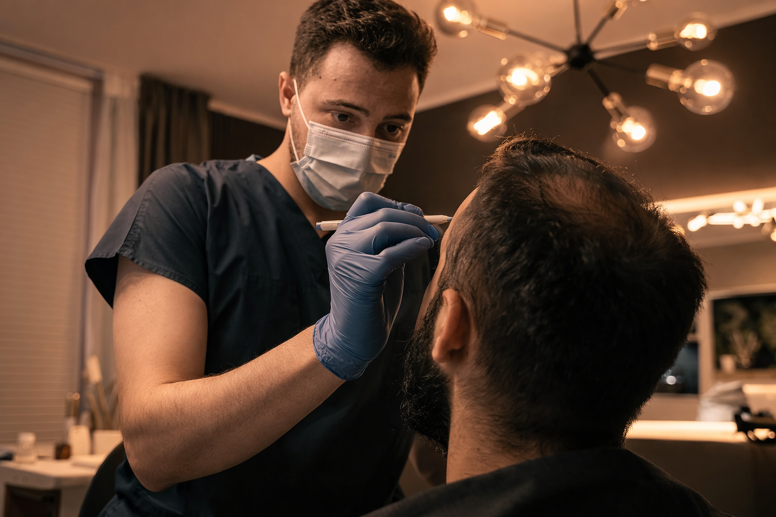 En mann med munnbind og medisinsk frakk som gir en injeksjon til en annen mann med bart og mørkt, tykt hår i et innendørs rom med moderne taklampe.