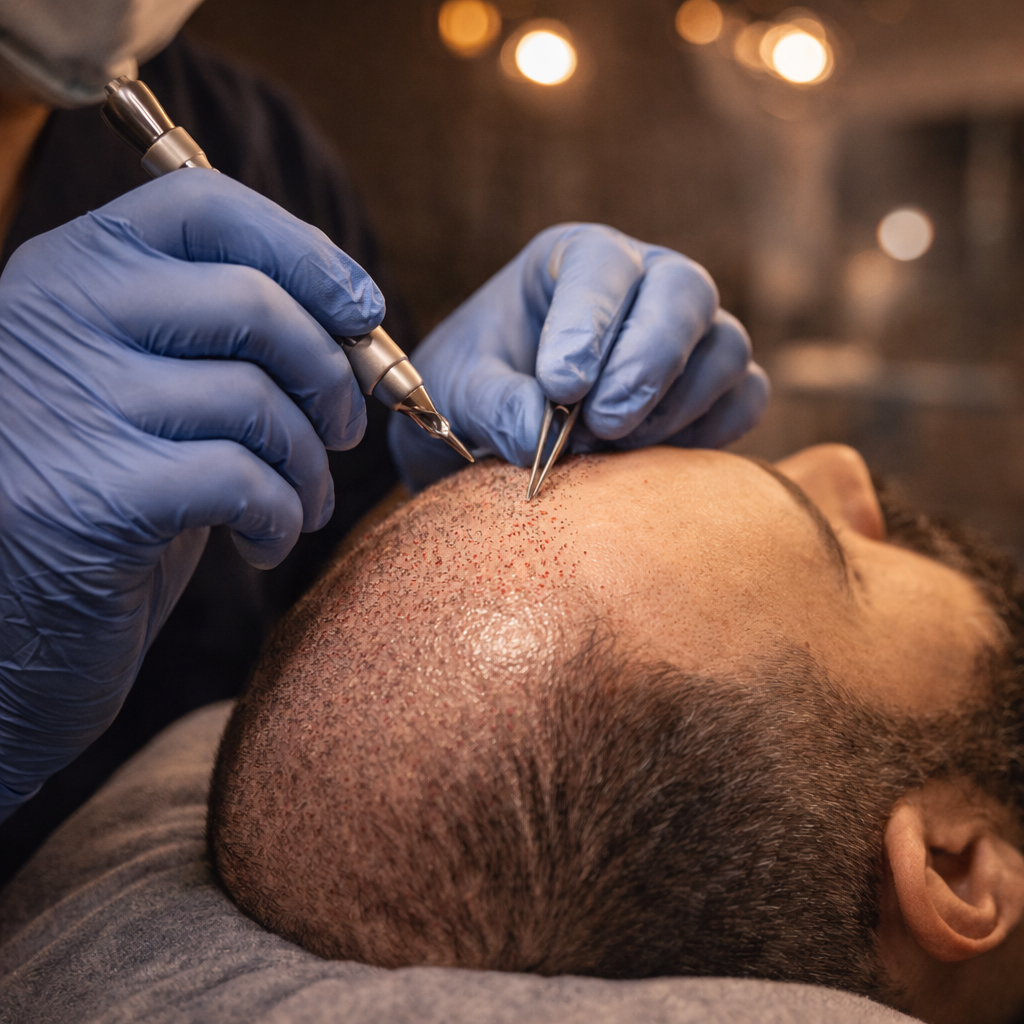 En person får utført en tatovering på hodet, bruker blå hansker og holder en tatoveringspenn, mens den ligger ned på en benk.